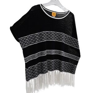 Ruby Rd Black Fringe Knit Poncho Top Boho Festival Chic Oversized Size Small
